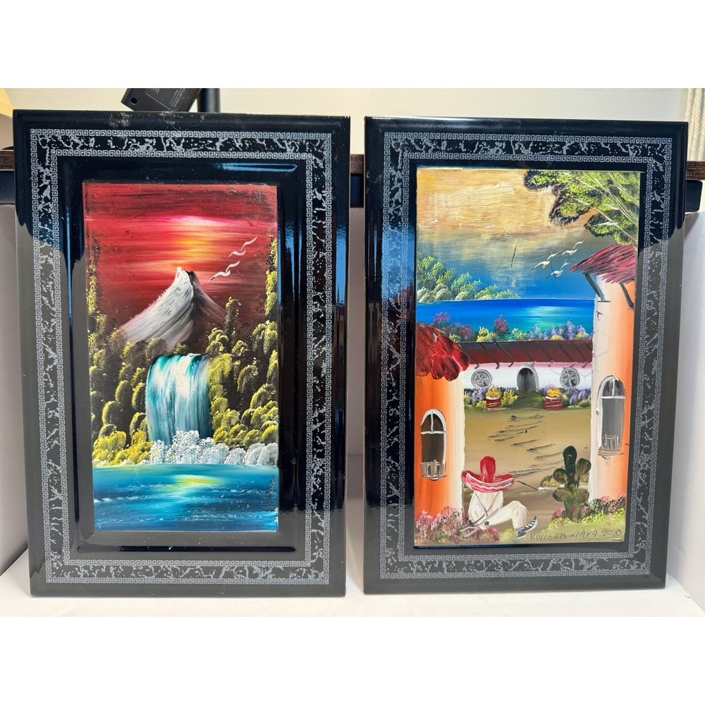 Lot 2 Hand Painted Mexican Tiles 8x12" Nature Scene Black Multicolored Decor